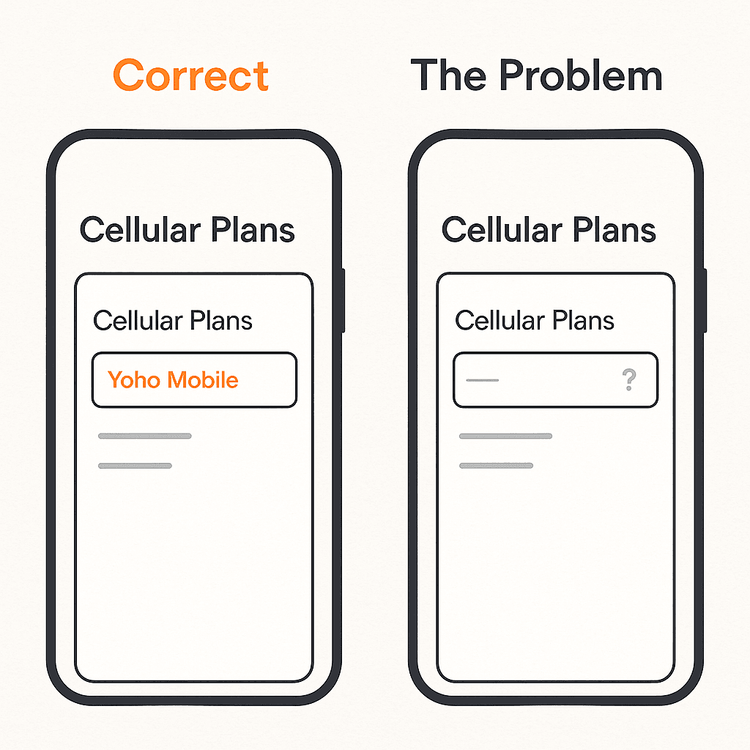Illustration comparing a phone with a visible eSIM profile to one where the eSIM is missing in settings.