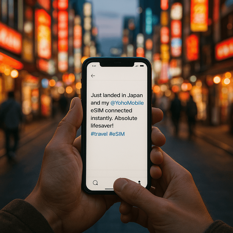 A traveler's phone displaying a positive social media review of Yoho Mobile with a Tokyo street in the background.