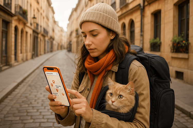 Una mujer usa su teléfono con una eSIM de Yoho Mobile para encontrar un veterinario local mientras viaja por Europa con su gato.