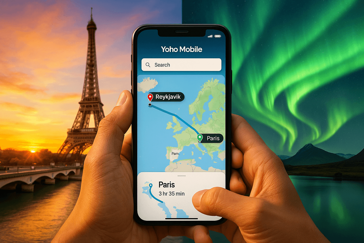 A phone with Yoho Mobile eSIM app connecting a trip from the Eiffel Tower in France to the Northern Lights in Iceland.