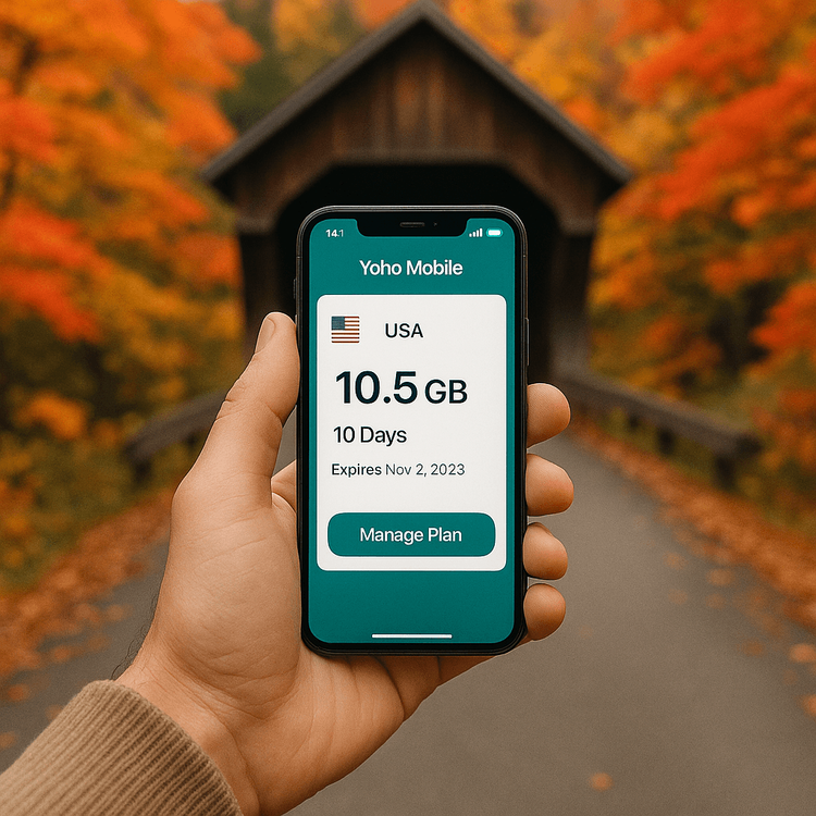 A person holding a smartphone with the Yoho Mobile app, showcasing a strong connection while visiting a Vermont covered bridge in the fall.