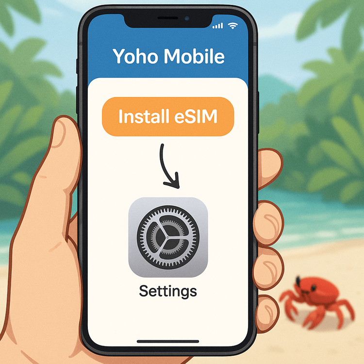Illustration showing the simple one-click process to install a Yoho Mobile eSIM on an iPhone for a trip to Christmas Island.
