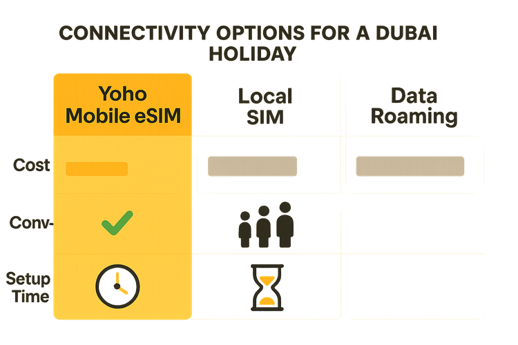 An infographic comparing the cost and convenience of Yoho Mobile eSIM, local SIM cards, and data roaming for a Dubai trip.