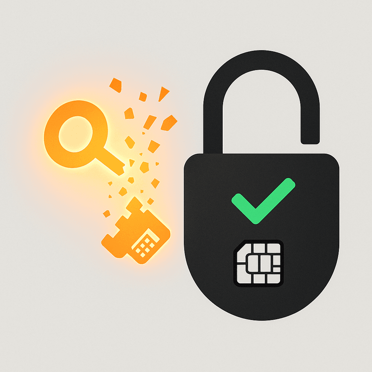 Illustration of a one-time use eSIM key breaking after unlocking a secure digital padlock.
