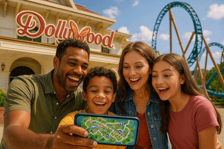 A family using a smartphone with the Dollywood park map app to plan their day.