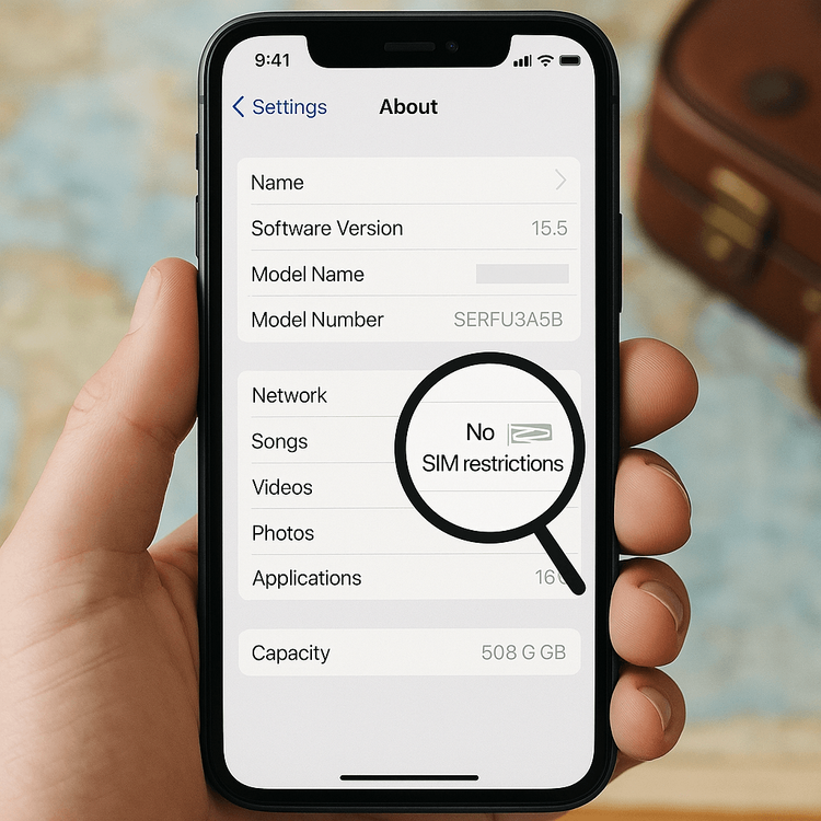Illustration of an iPhone settings screen showing 'No SIM restrictions' under the Carrier Lock section, confirming the phone is unlocked.