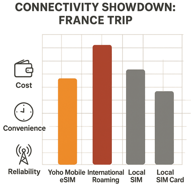 Infographic comparing the cost, convenience, and reliability of Yoho Mobile eSIM against international roaming and local SIMs for travel in France.