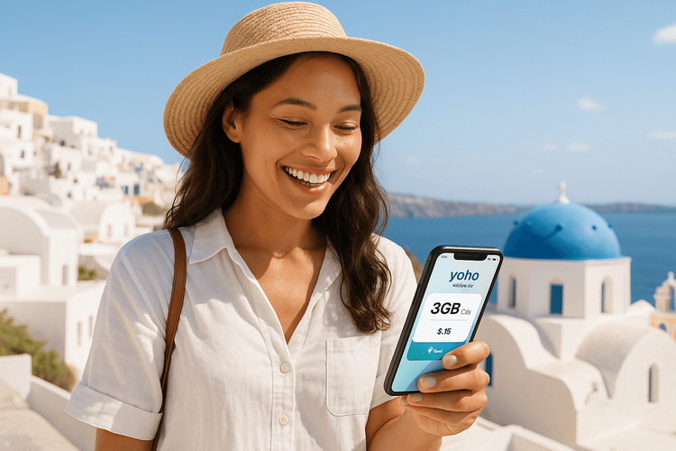 A traveler confidently uses their Yoho Mobile eSIM plan on a smartphone while on vacation in Greece.