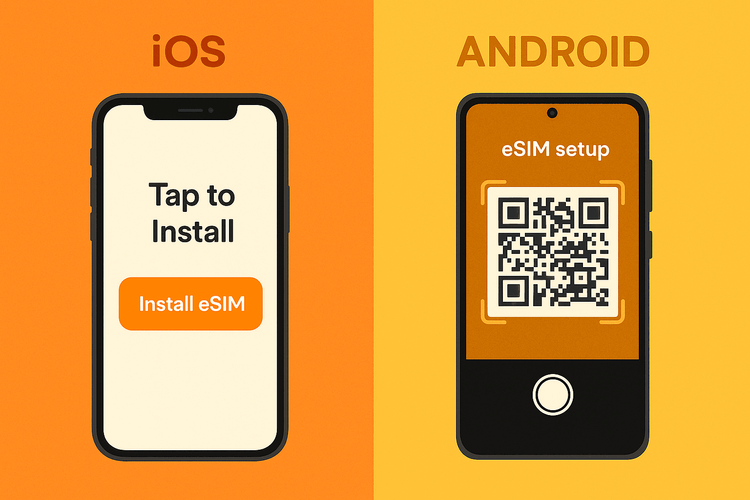 Comparison of the simple one-tap eSIM installation on iOS versus the QR code scan method on Android.