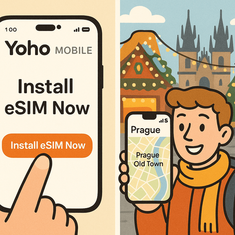A visual guide showing the simple one-tap installation of a Yoho Mobile eSIM on an iPhone for a trip to Prague.