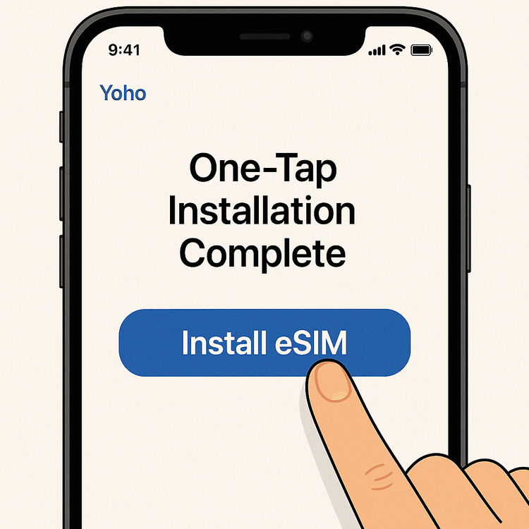Illustration of the simple one-tap eSIM installation process for Yoho Mobile on an iPhone.