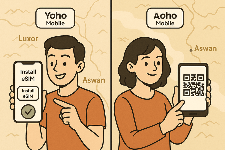 Illustration showing the easy one-tap eSIM installation for iOS users and QR code scan for Android users with Yoho Mobile.