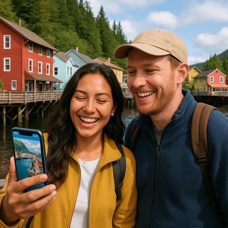A couple happily using their phone with a Yoho Mobile eSIM for internet during a port day in Ketchikan, Alaska.