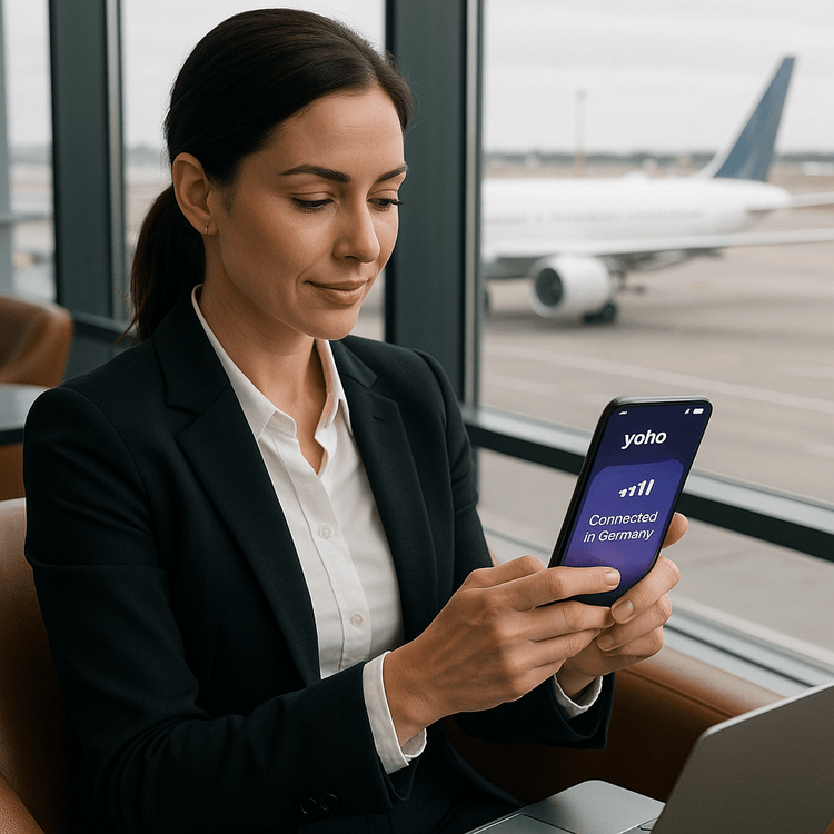 A business professional using a Yoho Mobile eSIM to stay connected seamlessly while traveling in Europe.