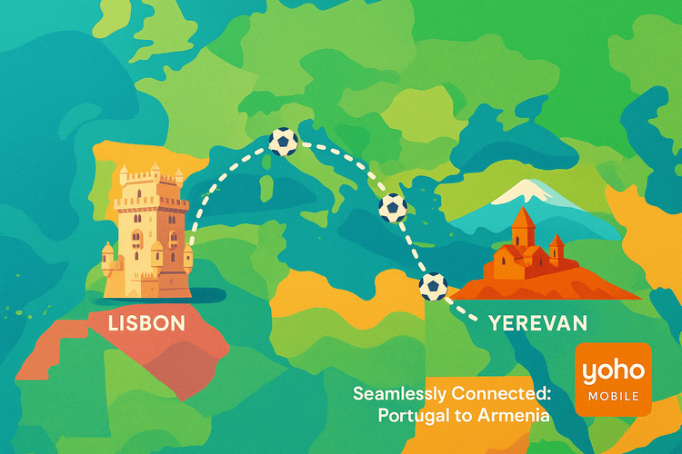 Map showing the travel route from Portugal to Armenia for a football trip, connected by Yoho Mobile eSIM.