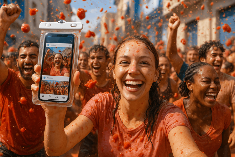 A traveler uses her phone with a Yoho Mobile eSIM to share photos instantly from the middle of the La Tomatina 2025 festival in Spain.