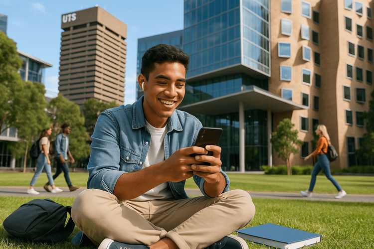 An international student using a Yoho Mobile eSIM on his phone at a university campus in Australia.