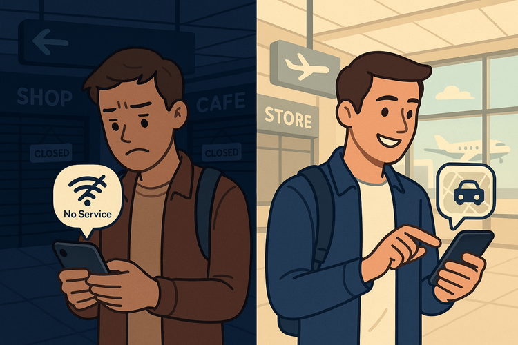 A comparison showing a stressed traveler without internet at a closed airport versus a calm traveler using a Yoho Mobile eSIM to get a ride.