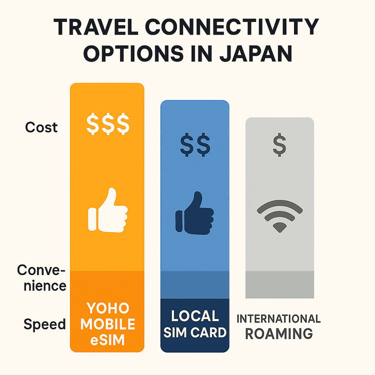 Infographic comparing Yoho Mobile eSIM, Local SIM, and International Roaming for travel in Japan on cost, convenience, and speed.