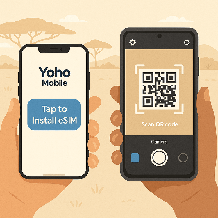 Illustration showing the simple eSIM activation process for Yoho Mobile on both iPhone (tap to install) and Android (scan QR code).