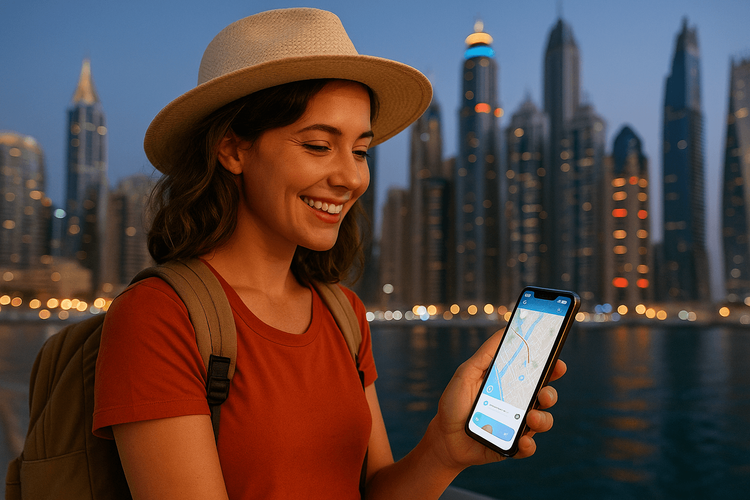 A traveler enjoying seamless internet on her phone with a Yoho Mobile eSIM against the backdrop of the Dubai skyline.