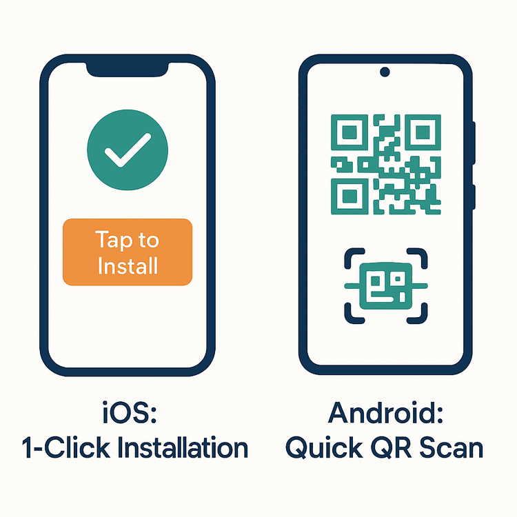 Infographic comparing the easy 1-click eSIM installation on iOS with the QR code scan method on Android.