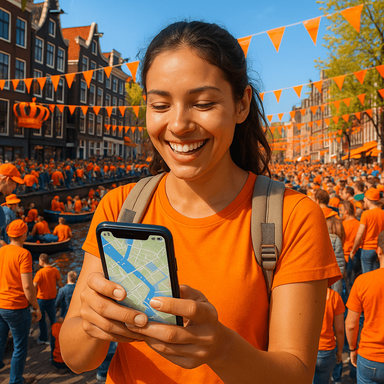 A traveler happily using her phone for navigation during the crowded King's Day festival in Amsterdam.