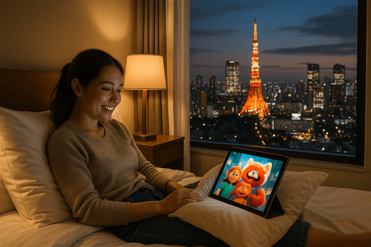 A traveler enjoying streaming content on her tablet in a Tokyo hotel room, thanks to a reliable internet connection.