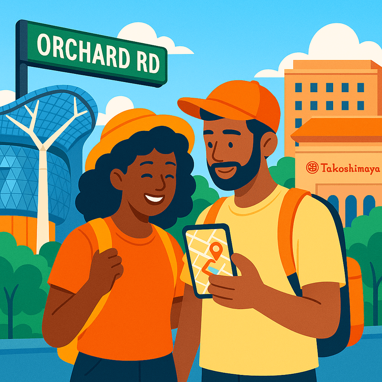 A couple of tourists using a Yoho Mobile eSIM for navigation on Orchard Road, Singapore.