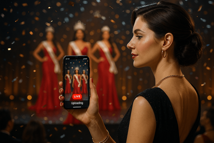 A woman live streaming the Miss Universe pageant in Mexico using her Yoho Mobile eSIM to share the moment.