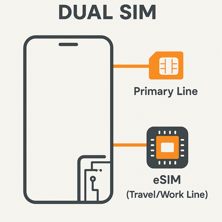 Diagram explaining how a phone uses both a physical SIM and an eSIM for dual SIM functionality.