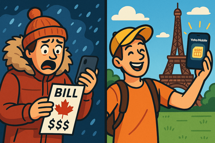 A comparison showing the stress of high Telus roaming fees versus the freedom of using a Yoho Mobile eSIM abroad.
