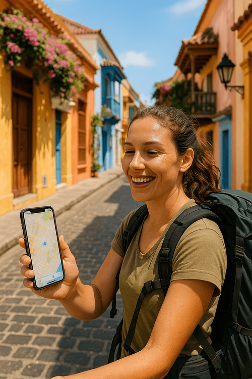 A backpacker happily using her phone for navigation on a vibrant street in Cartagena, Colombia, connected with a travel eSIM.