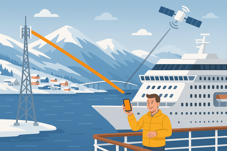 Illustration comparing strong eSIM cellular connectivity in an Arctic port to weak satellite Wi-Fi on a cruise ship.