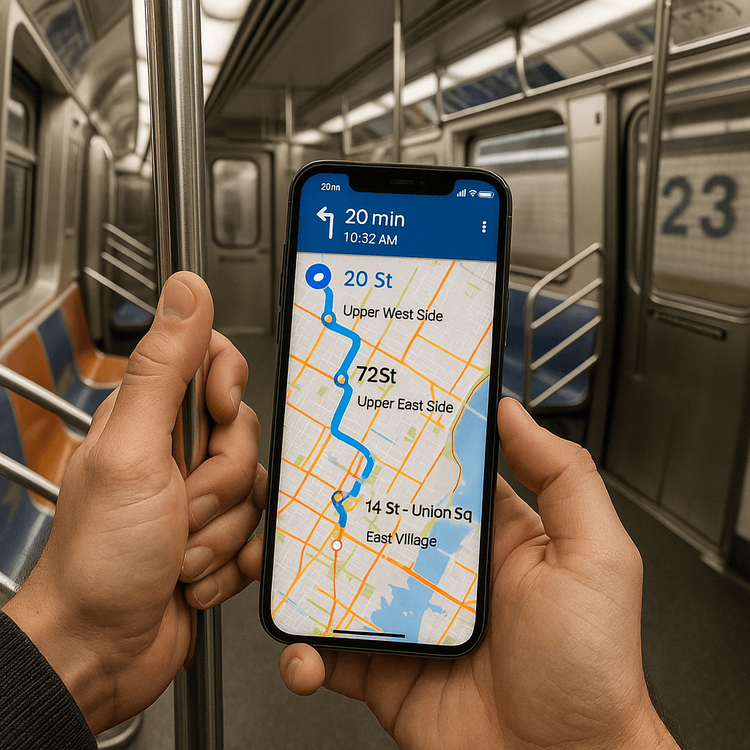 A person confidently navigating the NYC subway system using a map app on their smartphone, enabled by a reliable eSIM data connection.