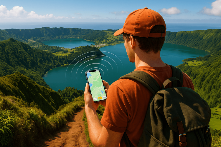 A traveler using a Yoho Mobile eSIM on their phone to navigate while overlooking the beautiful Sete Cidades crater lakes in the Azores, Portugal.