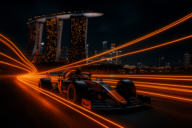 A Formula 1 car speeding through the Marina Bay Street Circuit at night, with data streams illustrating Yoho Mobile eSIM connectivity.