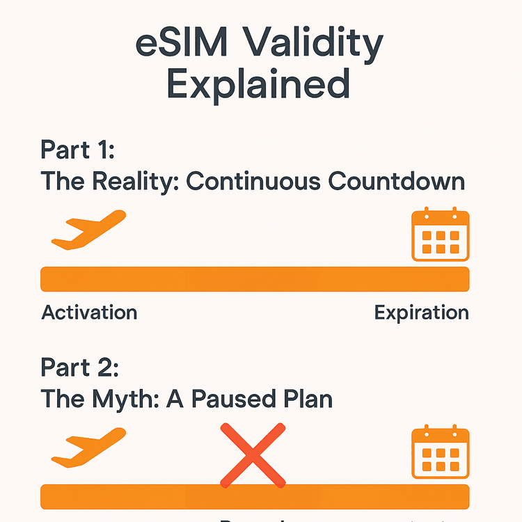 An infographic explaining that an eSIM's validity period is a continuous countdown and cannot be paused.