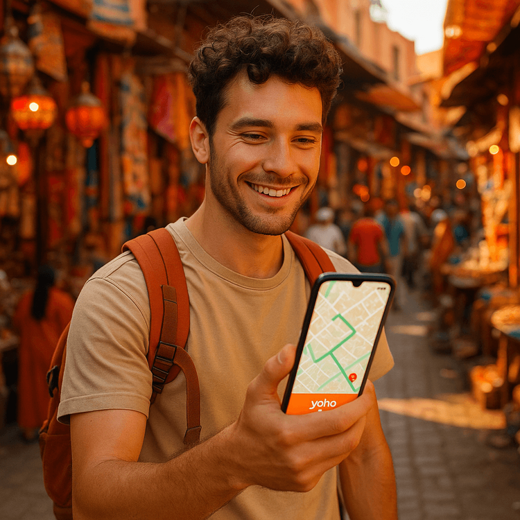 A traveler using a Yoho Mobile eSIM on their phone to navigate a vibrant Marrakech souk.
