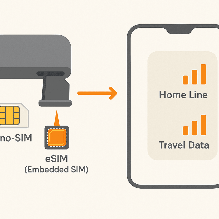 Diagram explaining how a physical SIM and an embedded eSIM work together to provide dual SIM functionality in one phone.