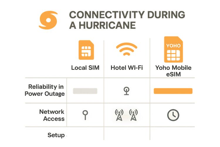 Infographic comparing the reliability of Yoho Mobile eSIM, Local SIM, and Hotel Wi-Fi during a hurricane.
