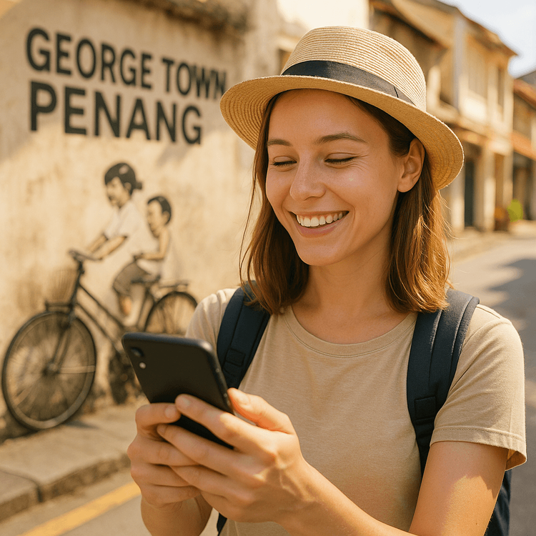 A happy traveler uses her Yoho Mobile eSIM on her smartphone to navigate the vibrant streets of George Town, Penang, Malaysia.