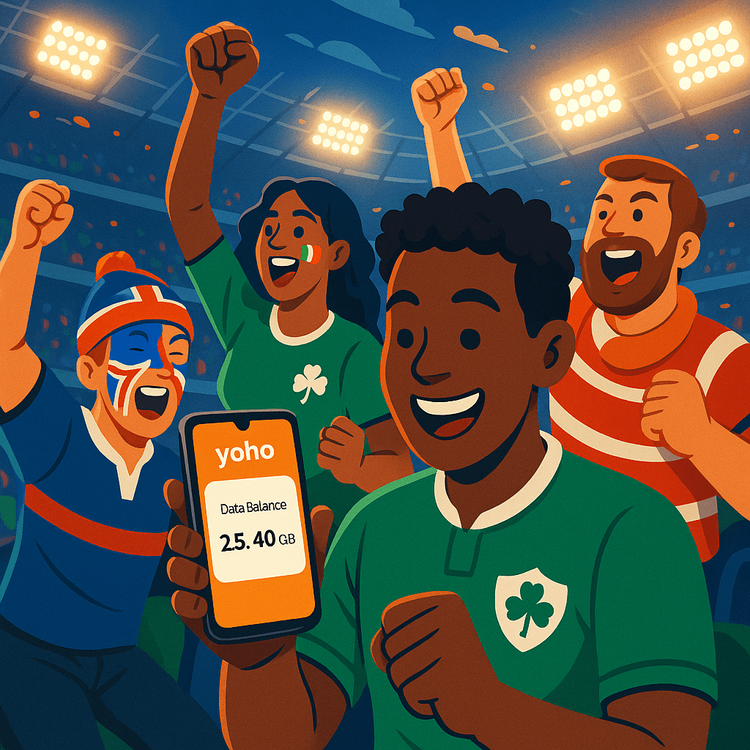 Rugby fans celebrating at a Six Nations match while staying connected with a Yoho Mobile eSIM.