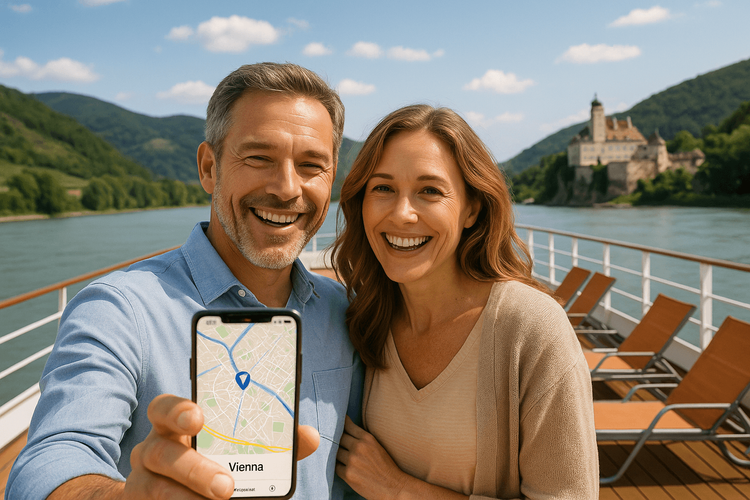 A couple using a Yoho Mobile eSIM for navigation while on the deck of their Danube river cruise ship.