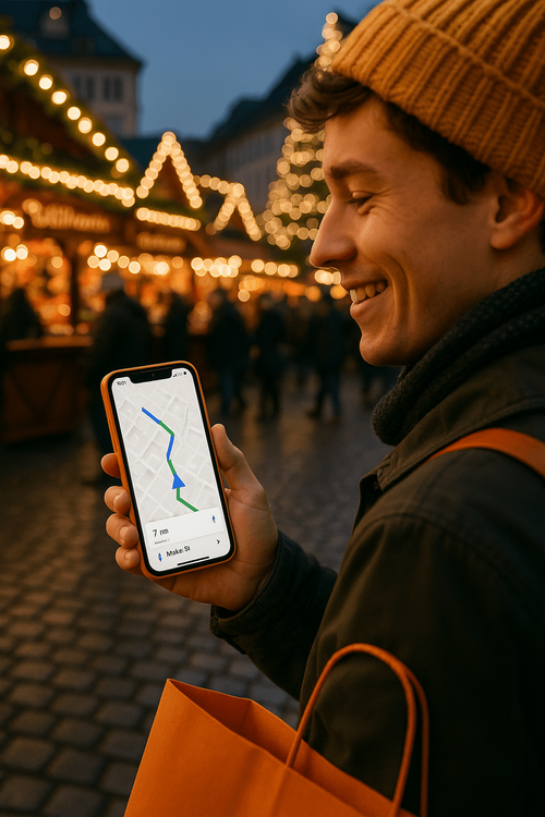A traveler easily navigating a crowded German Christmas market using a smartphone with a reliable data connection.