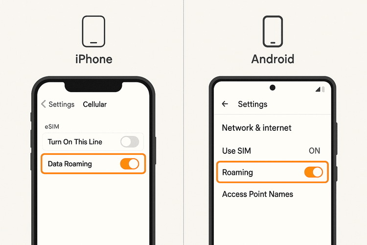A visual guide showing how to enable the Data Roaming toggle for an eSIM on both iPhone and Android devices.