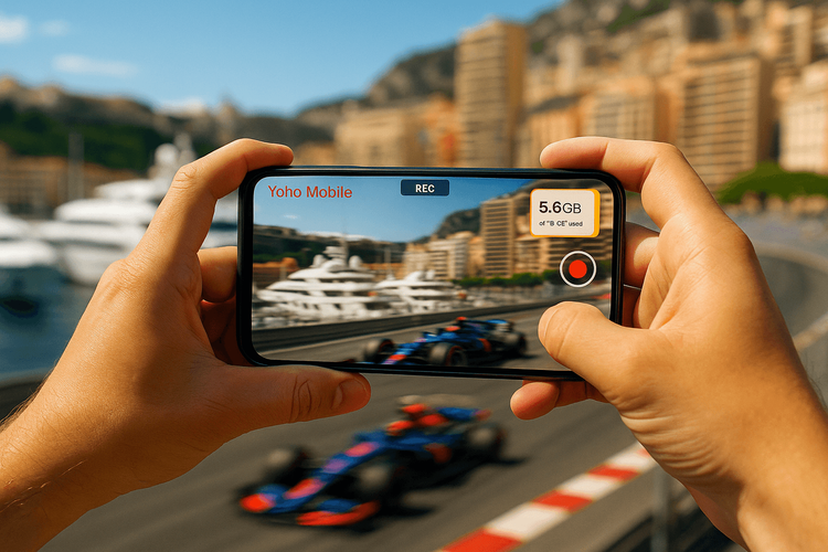 A person recording the Monaco Grand Prix with their phone, which displays the Yoho Mobile app with a strong 5G connection.