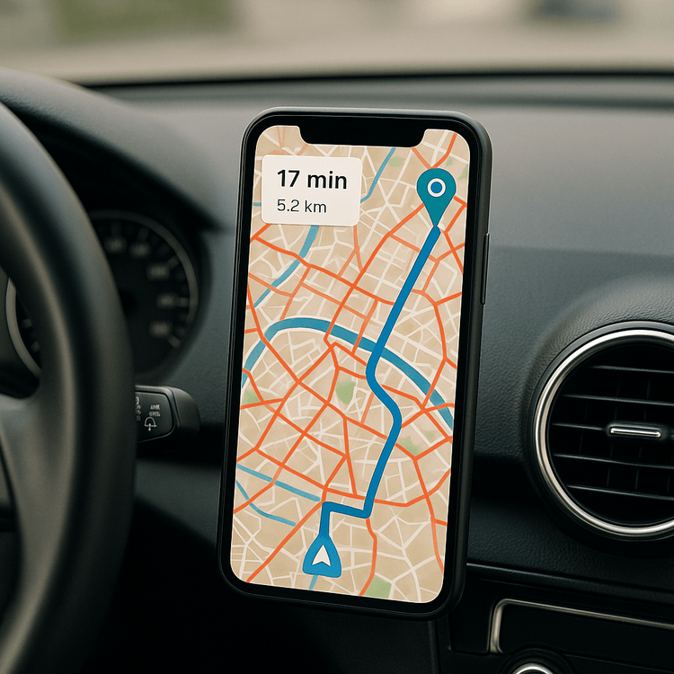 A navigation app on a smartphone showing a smart route to avoid traffic jams during a European road trip.