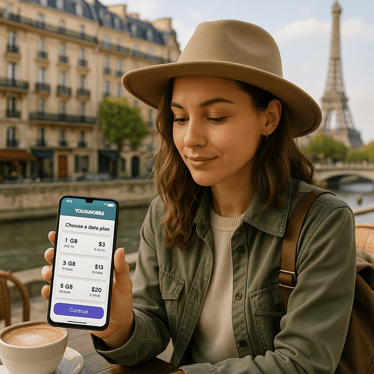 A traveler in Europe confidently uses her smartphone to calculate her data needs with a flexible eSIM plan.