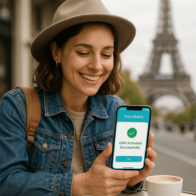 A happy traveler in Paris easily activating her Yoho Mobile eSIM on her smartphone, ready to explore.